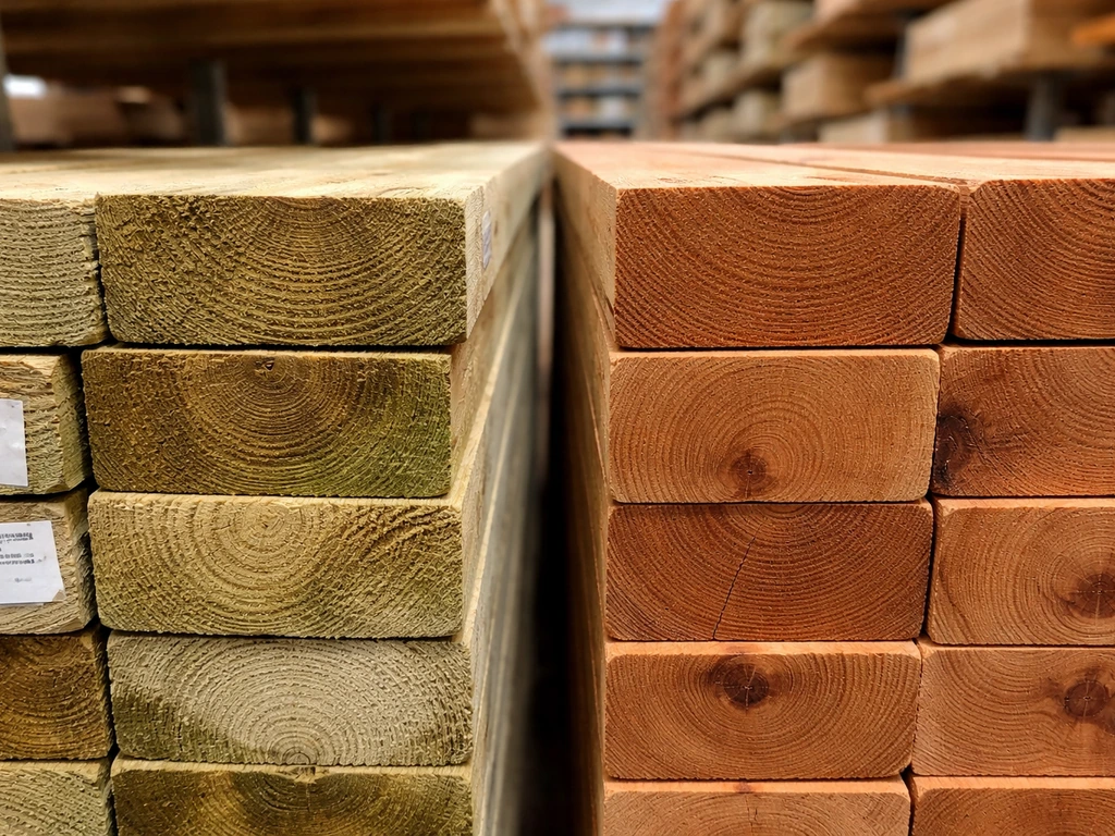 Close-up comparison of pressure-treated pine and cedar lumber stacks in an outdoor yard aisle.