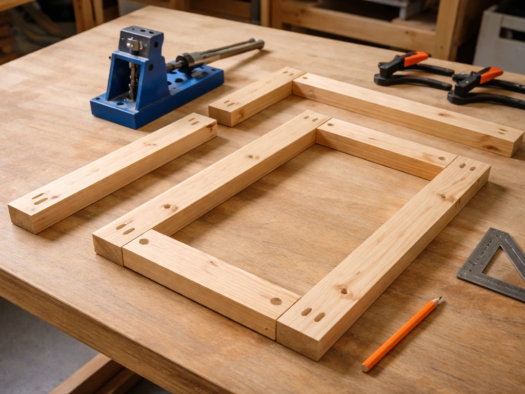Pocket holes drilled and side-frame boards aligned on a wooden workbench in a simple workshop