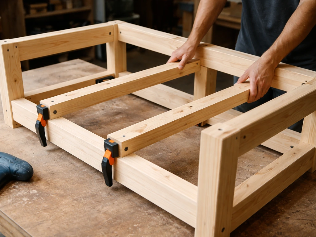 Hands fitting two 2x4 cross supports inside an unfinished loveseat frame to hold the seat slats.