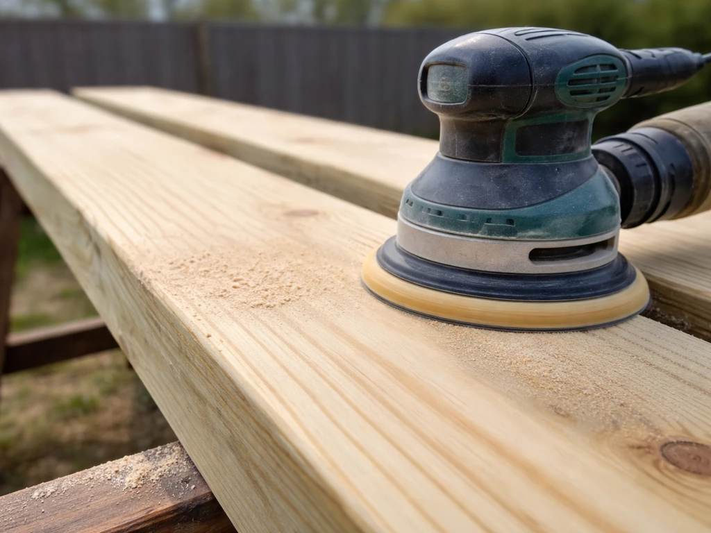 Close-up of sanded exterior wood boards with visible dust and a hand sander in use
