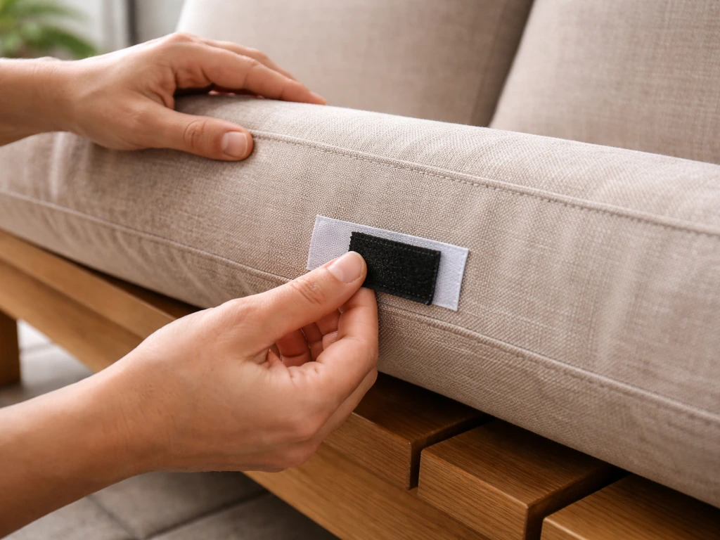 Person pressing Velcro strips onto a loveseat cushion and the top of seat slats.