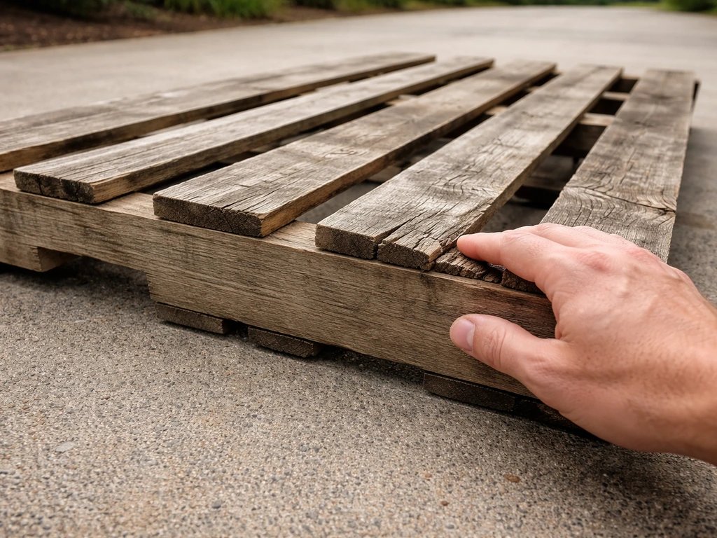 Close-up of an HT-stamped wooden pallet with a hand inspecting boards for outdoor-safe condition