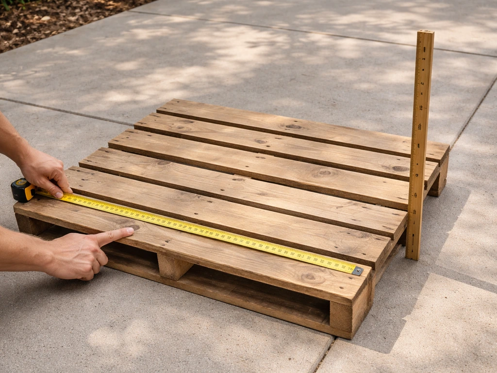 Close-up of hands measuring a pallet bench height and width with a tape measure on a patio.