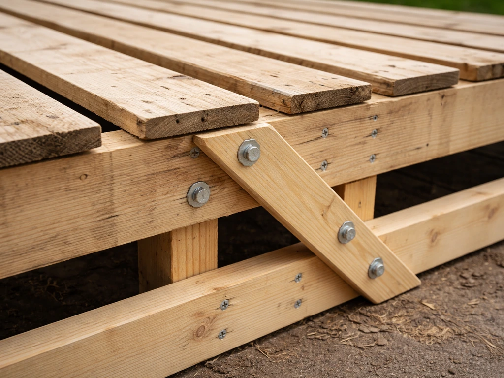 Close-up of pallet deck boards with added reinforcement braces and stringers connecting to the frame