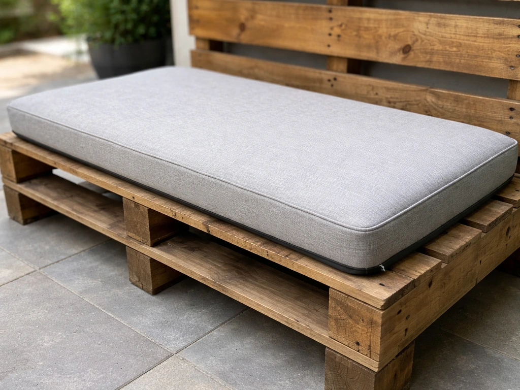 Outdoor pallet bench with a thick weatherproof, non-slip bench cushion installed for comfort