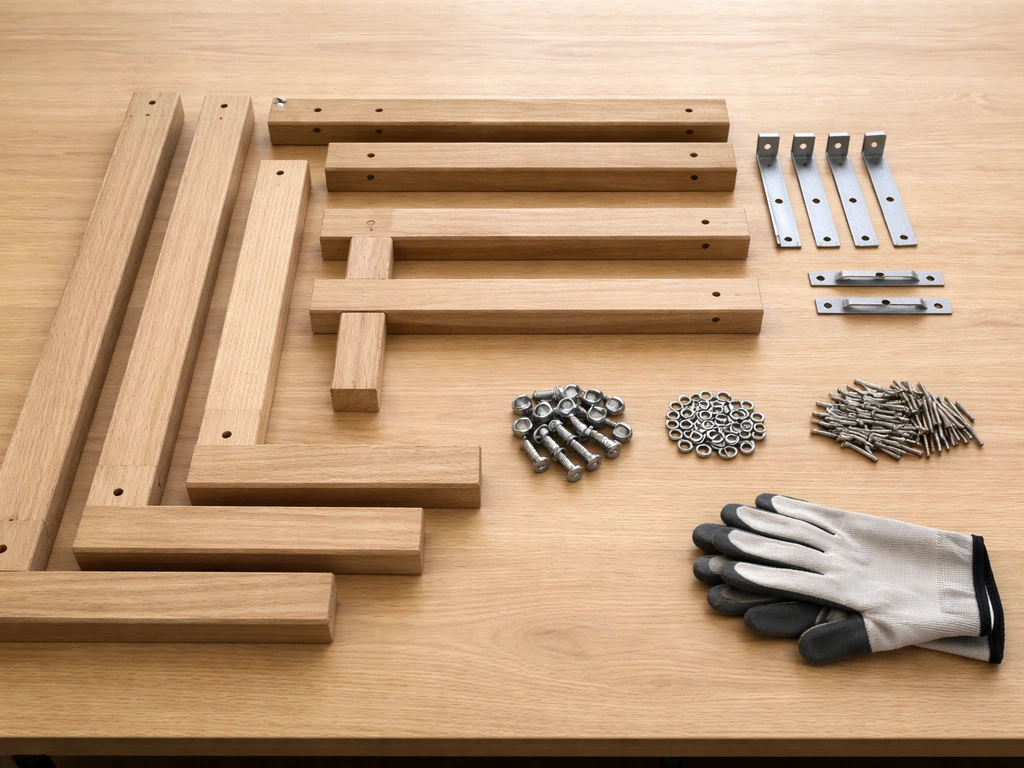 Wood frame parts laid flat with bolts and screws sorted on a clean workbench before assembly.