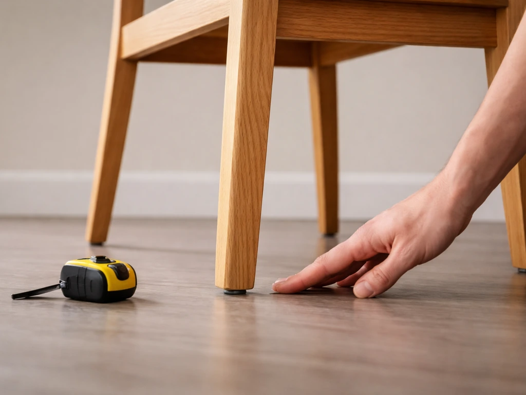Low-angle view of a wooden chair on a flat floor with a hand checking uneven leg contact.