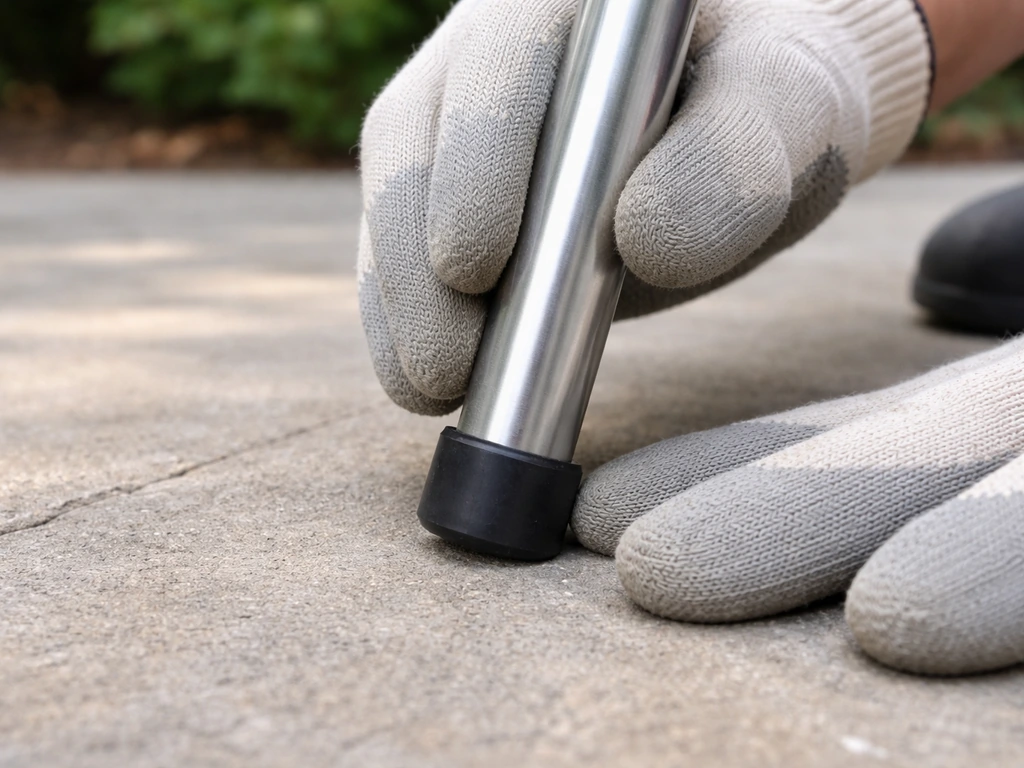 Close-up of gloved hands fitting a rubber leg cap onto a patio chair table leg tube.