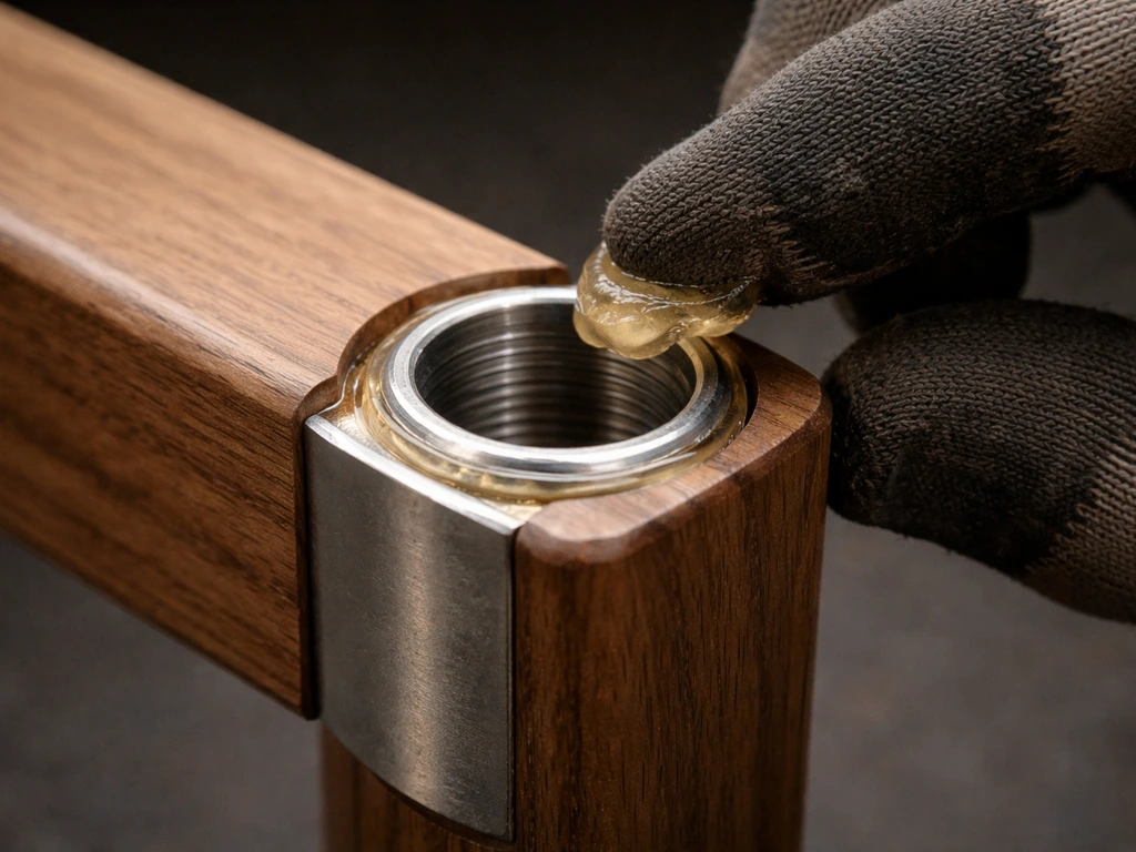 Close-up of gloved hands applying grease to a metal sleeve/receiver joint on a wooden furniture frame
