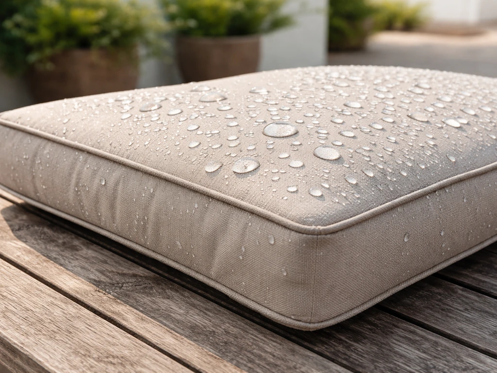 Outdoor patio cushion with water beading on the surface after waterproofing spray