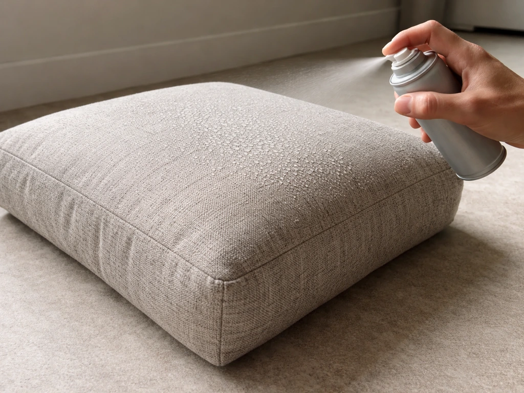 Hands spray DWR mist onto a single fabric-only cushion, showing droplets on the outer fabric.