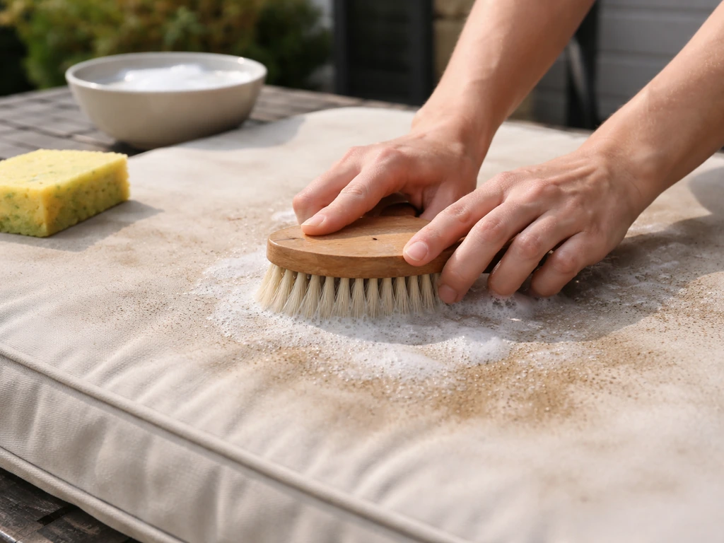 Hands scrubbing an outdoor cushion cover with a brush and soapy water before sealing.