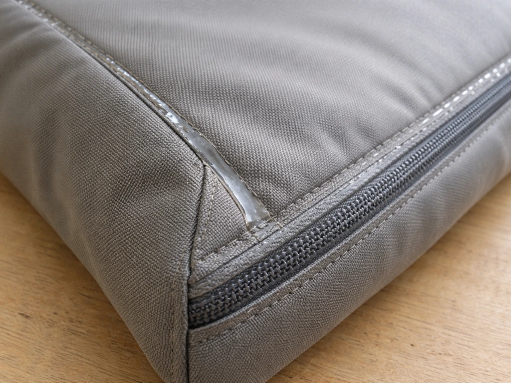 Close-up of a cushion cover seam and zipper being sealed with clear waterproof sealant.