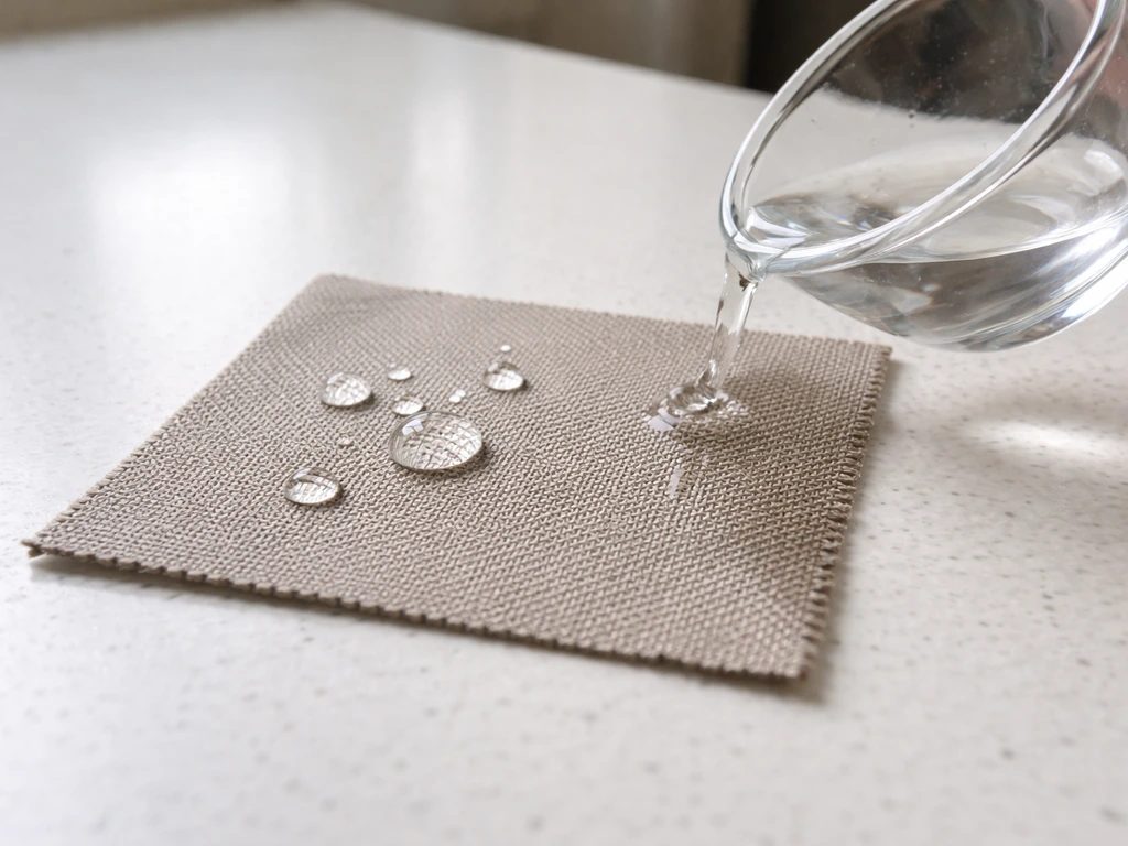 Treated fabric swatch on a table with water beading droplets instead of soaking
