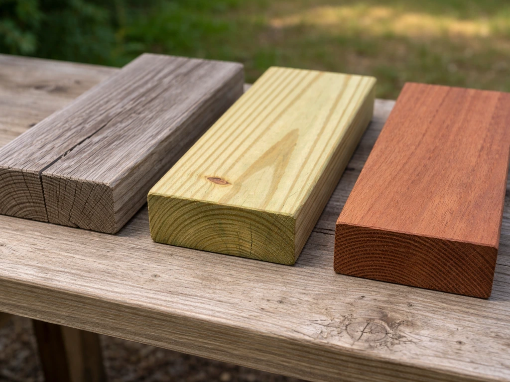 Close-up of three outdoor wood samples side by side, showing different grains and colors on a workbench.