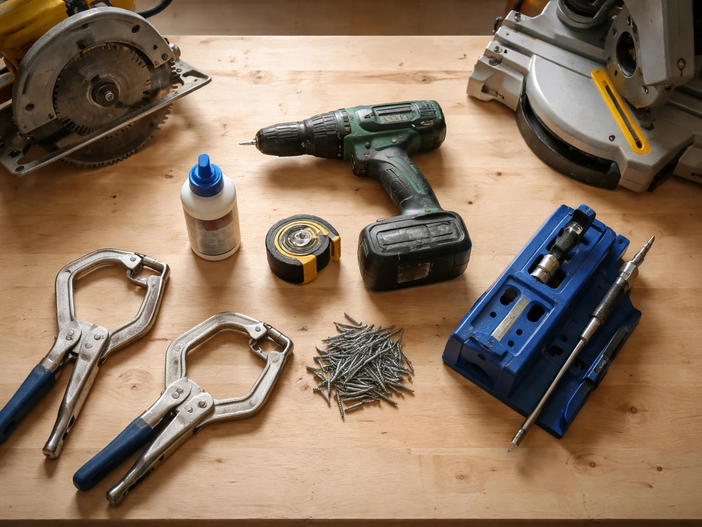 Overhead view of a curated DIY toolkit on a workbench: saw, drill, clamps, tape, glue, screws, pocket-hole jig.