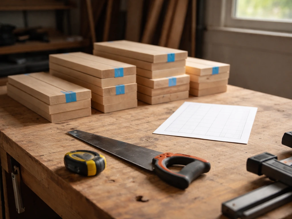 Woodworking workspace with labeled cut pieces neatly stacked and a simple cut list sheet beside boards.