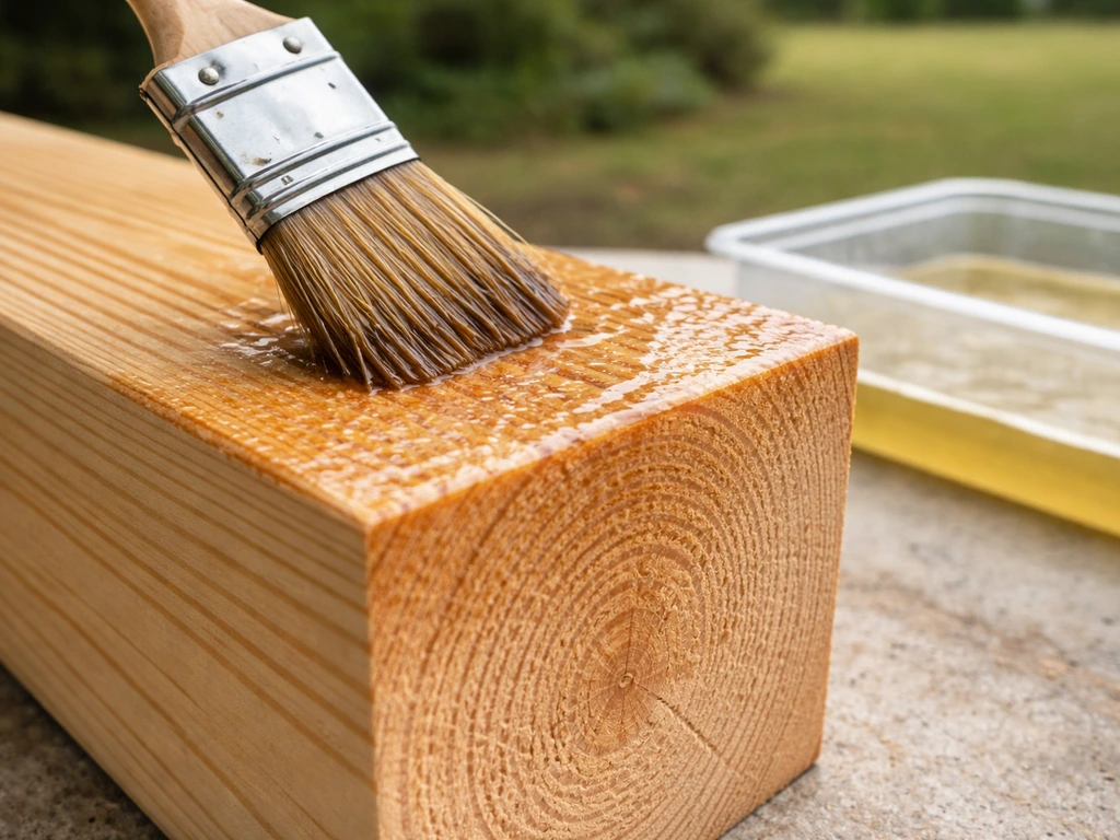 Close-up of sealed end grain on outdoor wood with clear coat and penetrating oil sheen
