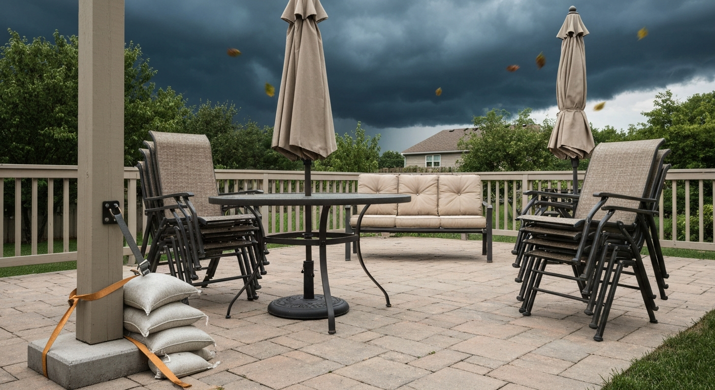 Photo-realistic patio scene showing furniture secured with ratchet straps, sandbags, pavers and anchored D-ring under dark storm clouds.