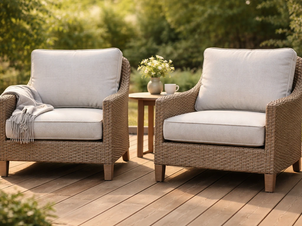 Two cushioned patio chairs on a quiet backyard deck in warm natural light.