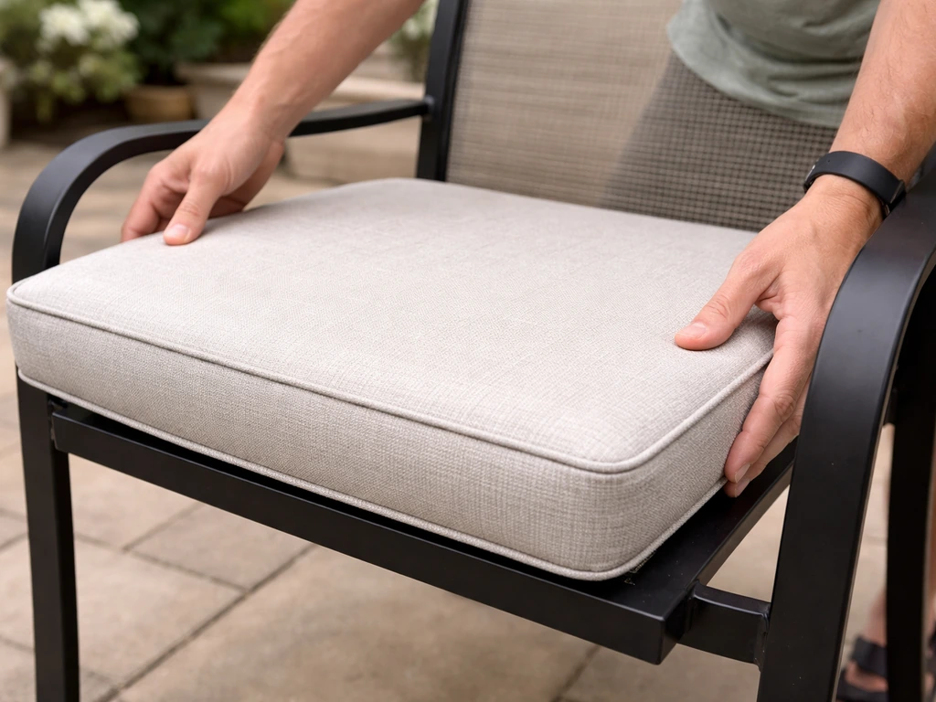Person adjusting a snug seat cushion on a patio chair so the bare frame won’t contact skin.