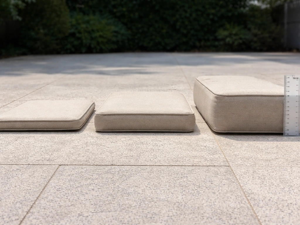 Three outdoor cushion pads of different thicknesses with a ruler beside them for height comparison.