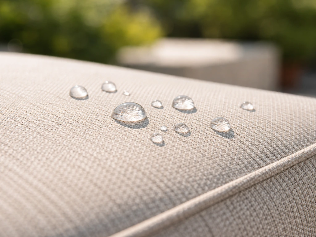 Close-up of outdoor cushion fabric with water droplets beading on solution-dyed acrylic weave.