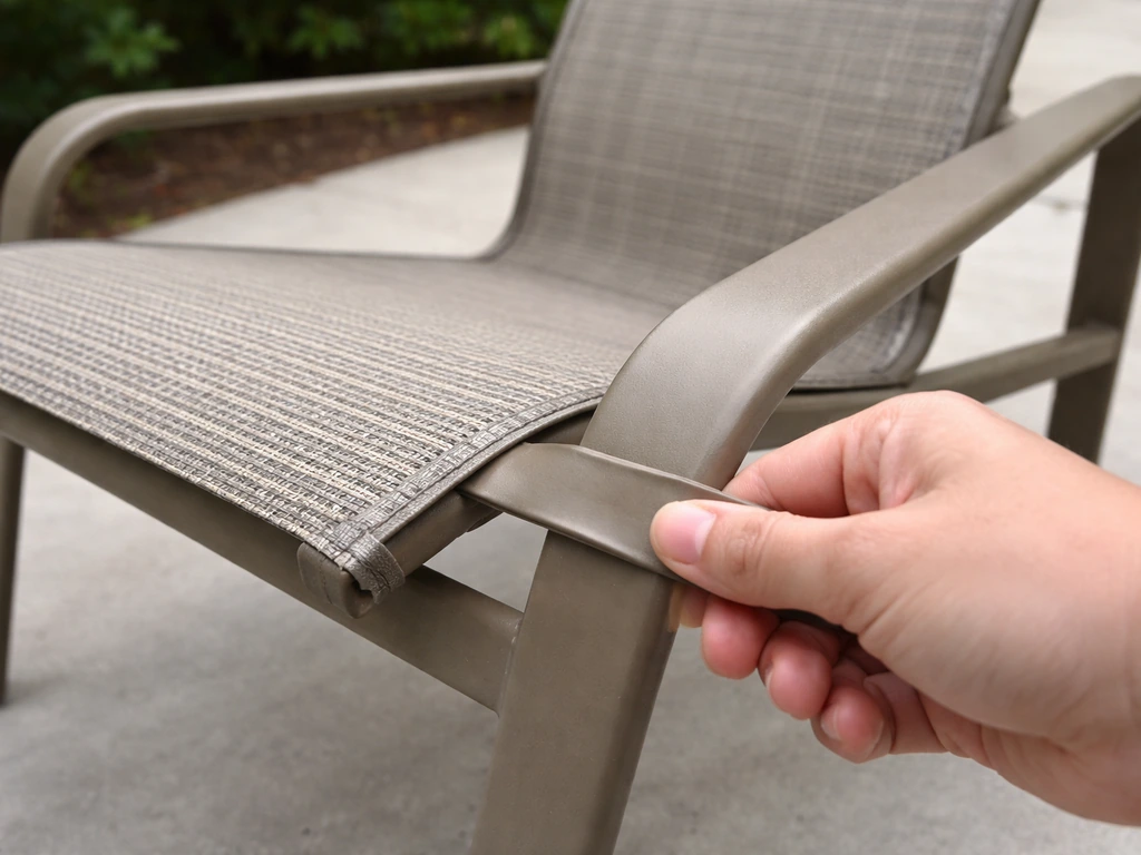 Hand pulling a sling chair strap taut to restore support on a mesh seat.
