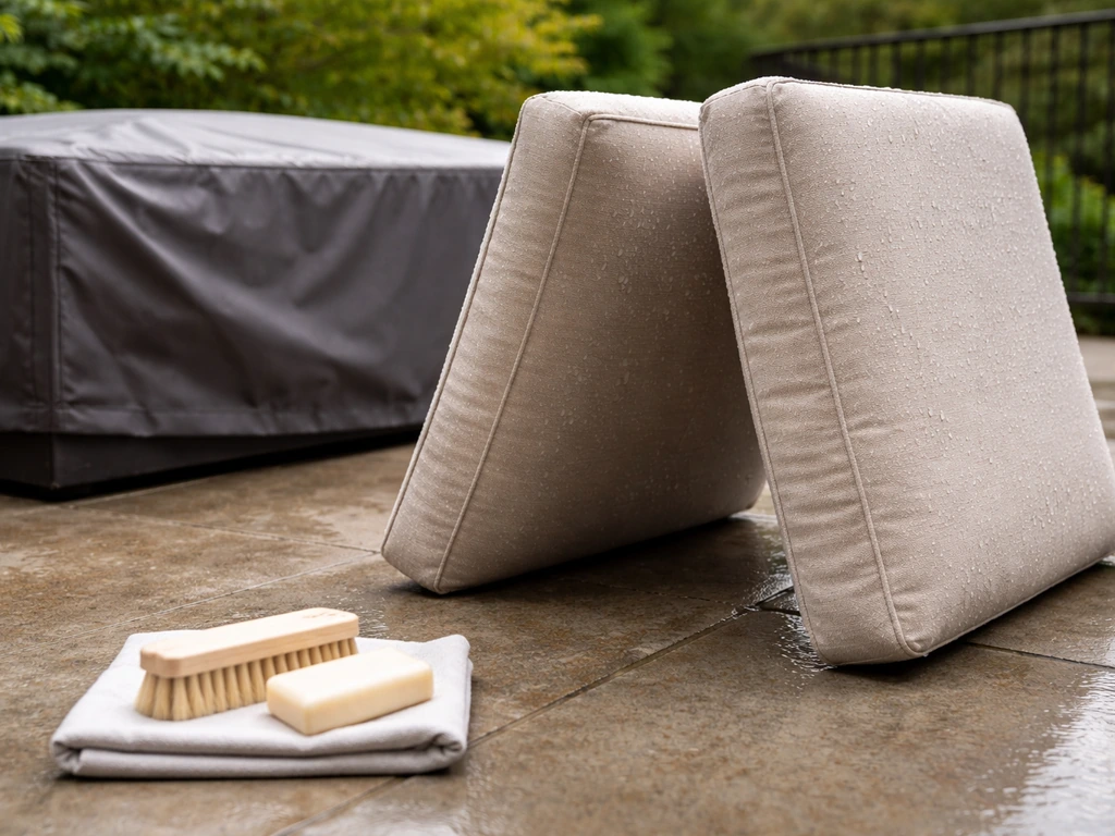 Cushions drying on edge after rain beside a brush and soap, with a neatly covered storage bin