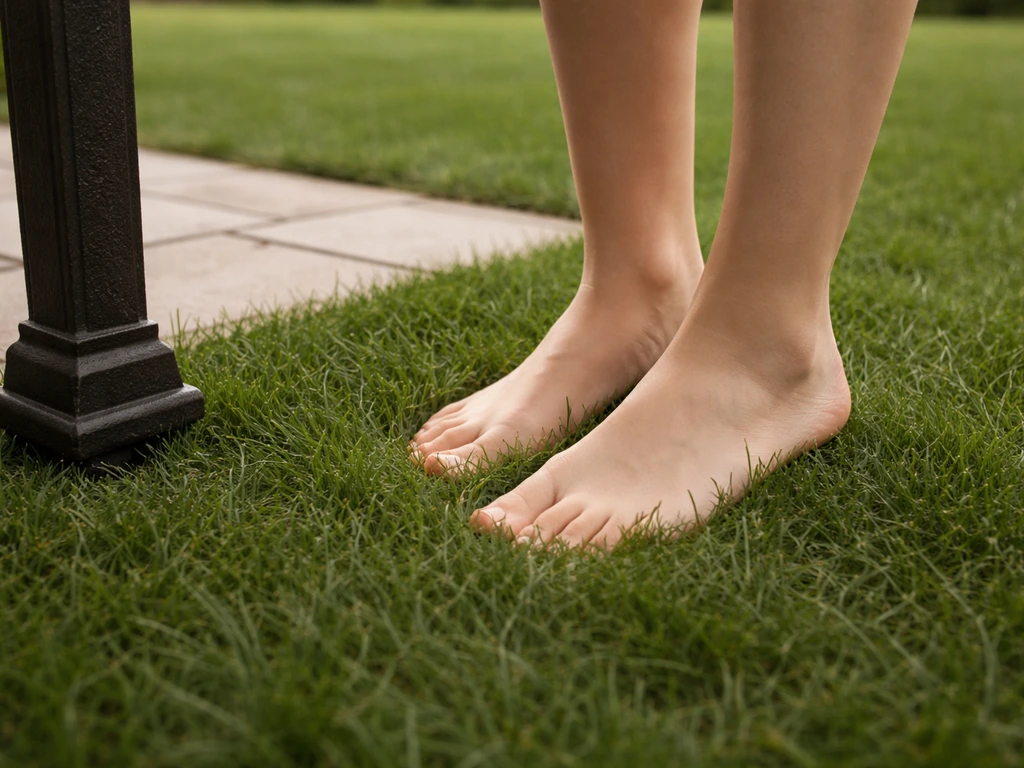 Bare feet gently press soft grass while a thick steel furniture leg rests nearby on a patio edge.