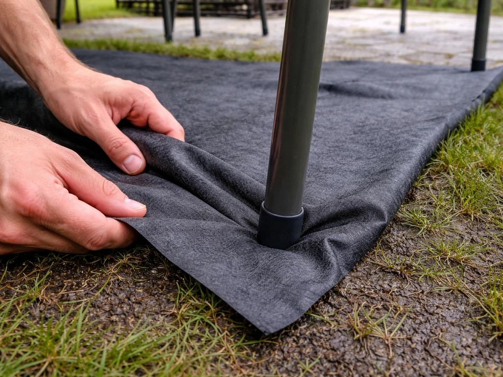 Hands lay non-woven landscape fabric under a metal patio chair leg to keep it from wet grass.