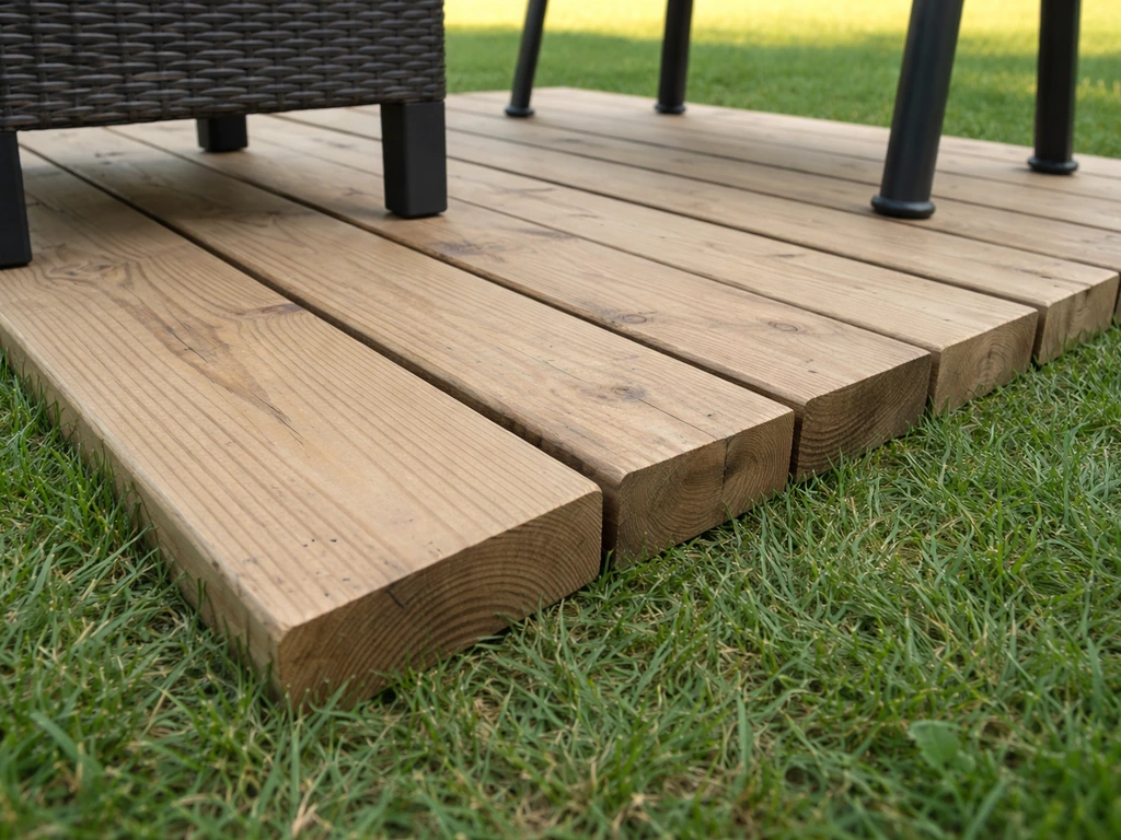 Pressure-treated 2x6 boards laid flat on grass supporting patio furniture legs.