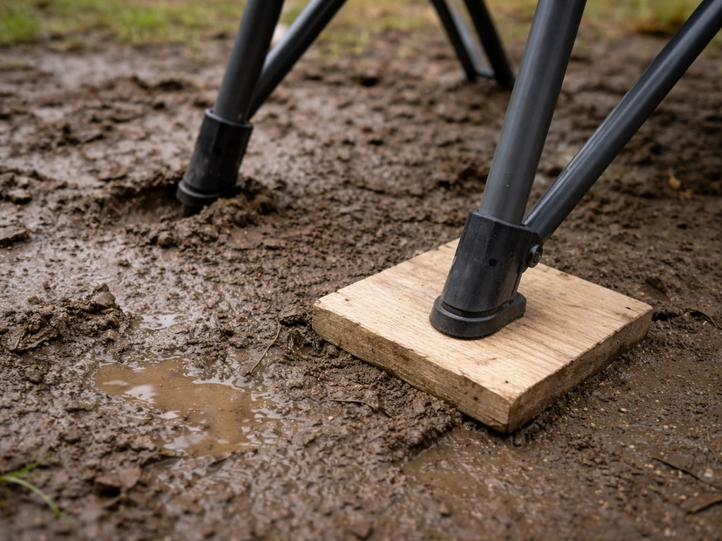 Chair leg sinking into soft mud with a plank under it to increase contact area and stop sinking