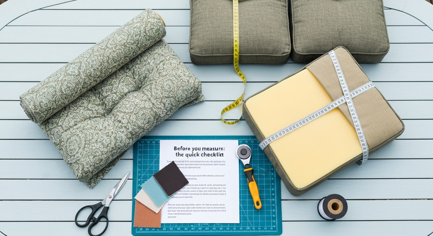 Overhead shot of fabric bolt, tape measure, scissors, cushions, and checklist on a patio table showing tools for measuring and re-covering patio cushions.