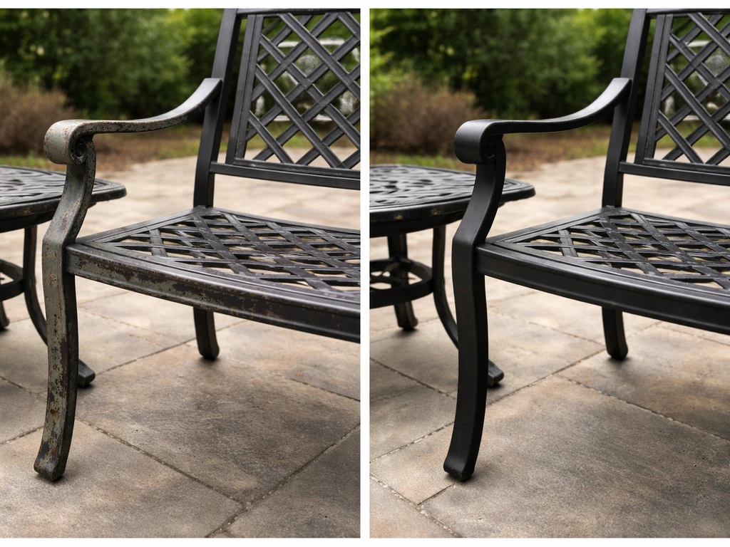 Cast aluminum patio chair with visible corrosion and peeling paint contrasted by freshly protected smooth areas.