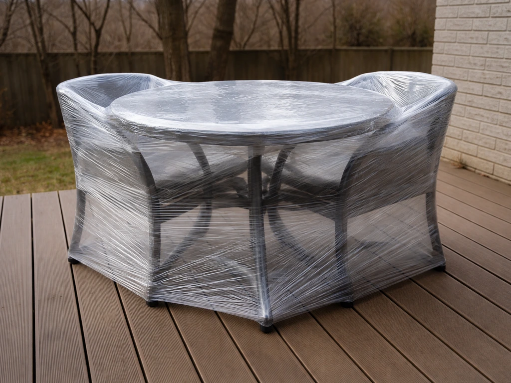 Patio table and chairs tightly shrink-wrapped in clear poly film for winter storage on a deck