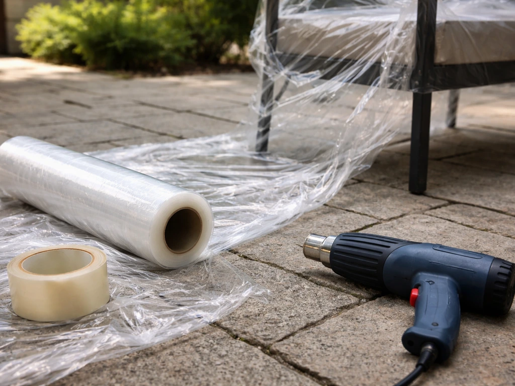 Close-up of patio furniture shrink-wrapping setup with rolled clear film, tape, and a heat gun