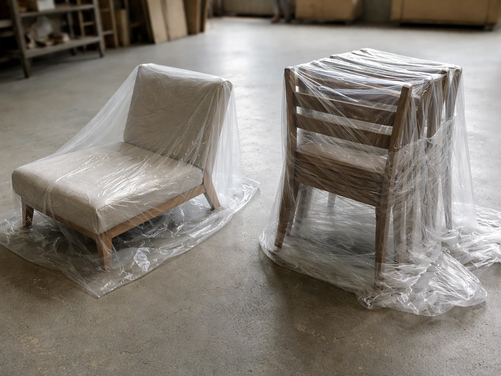 Left single lounge chair and right bundled stack of six dining chairs with more protective film visible.