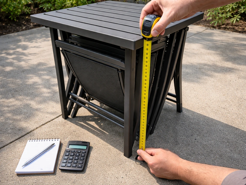 Hands using a tape measure on outdoor patio furniture with a calculator and blank notepad nearby.