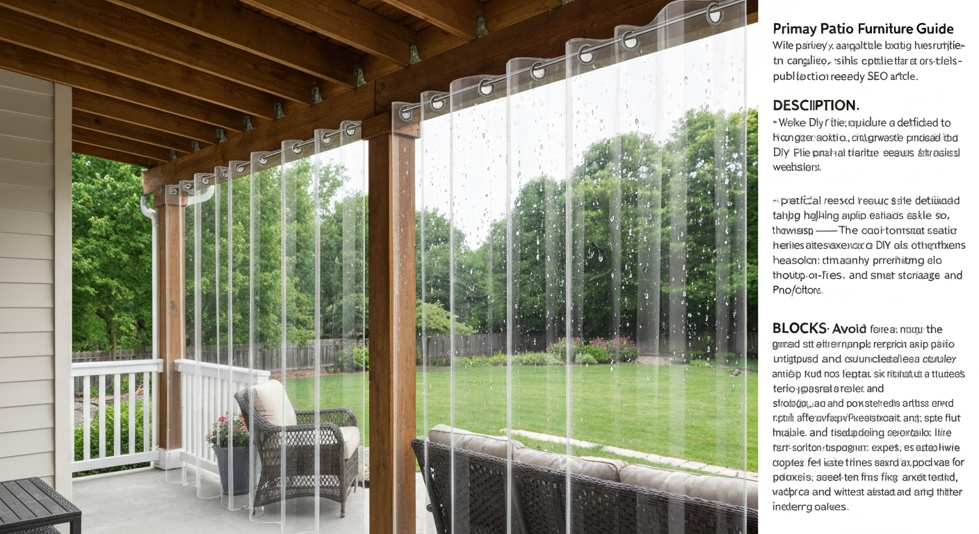 Clear vinyl patio curtains hanging from a porch pergola with stainless grommets, chain-weighted bottom hem, rain droplets on the vinyl, and outdoor furniture visible inside.