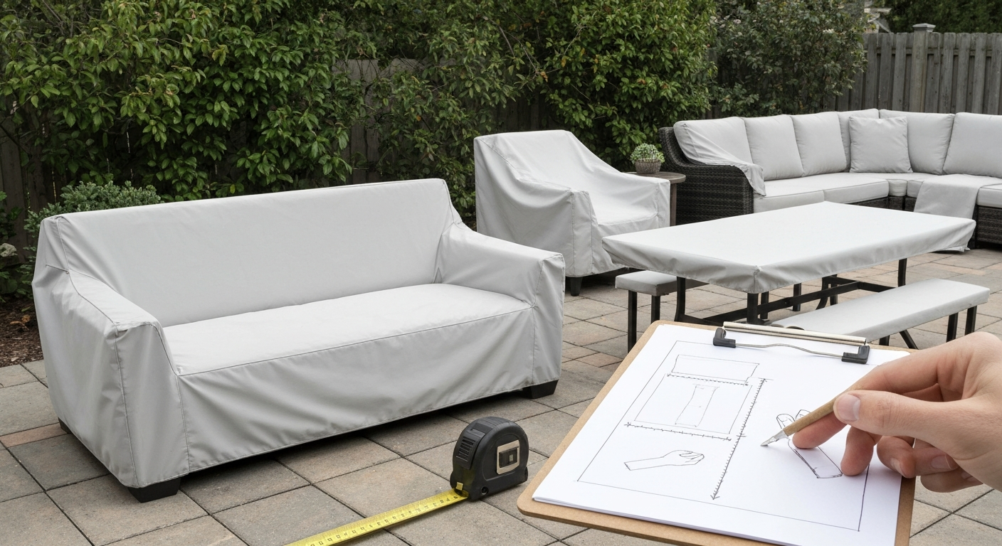 Backyard patio with various patio furniture pieces covered in different cover styles and a clipboard with measurements in the foreground.