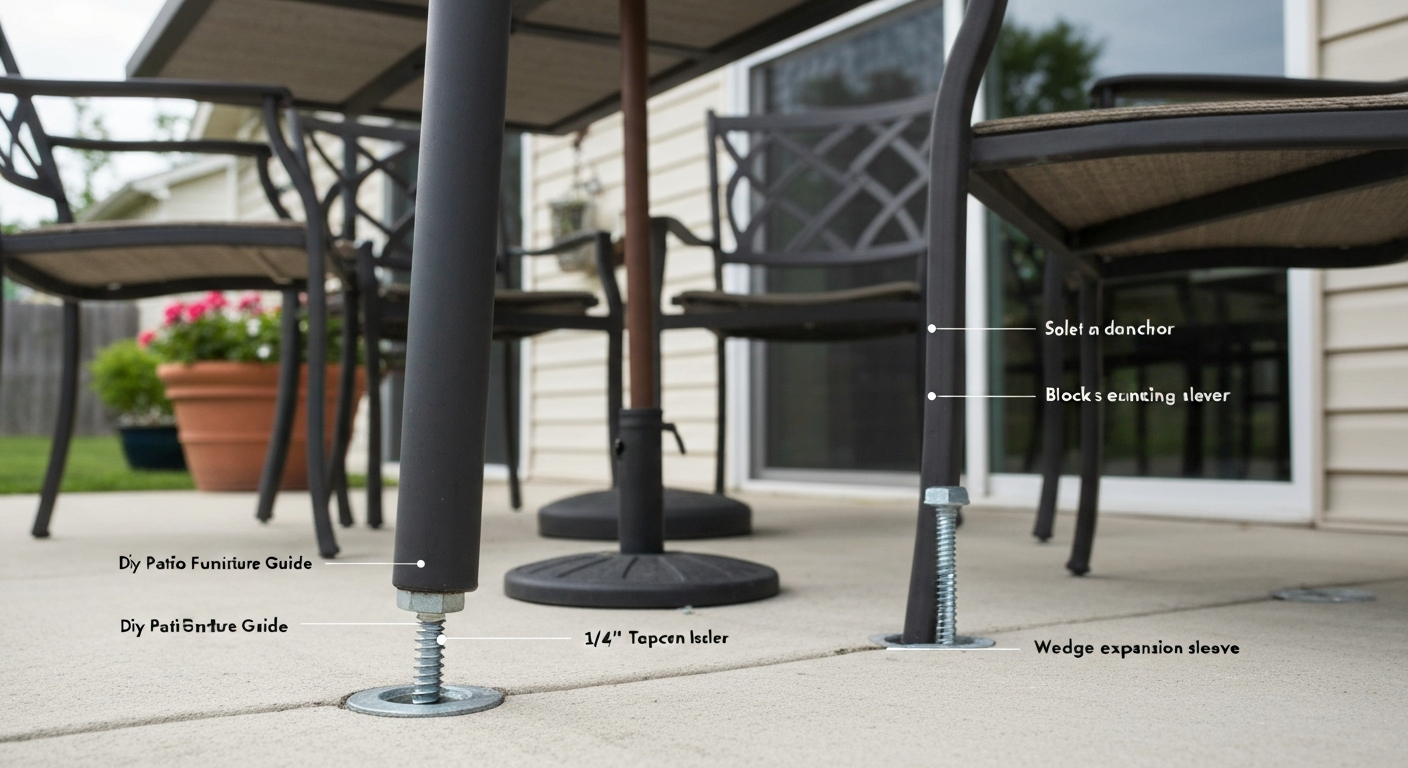 Close-up of patio table legs bolted to a concrete slab: visible Tapcon screw seated flush, wedge anchor in a hole, and a bolted umbrella base; outdoor patio context in daylight.