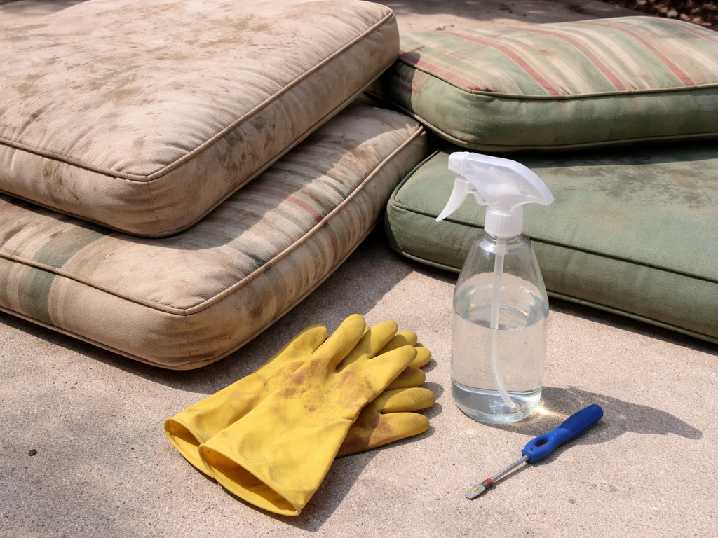 Old patio cushions with fading and mildew next to gloves, vinegar spray bottle, and a seam ripper on concrete.