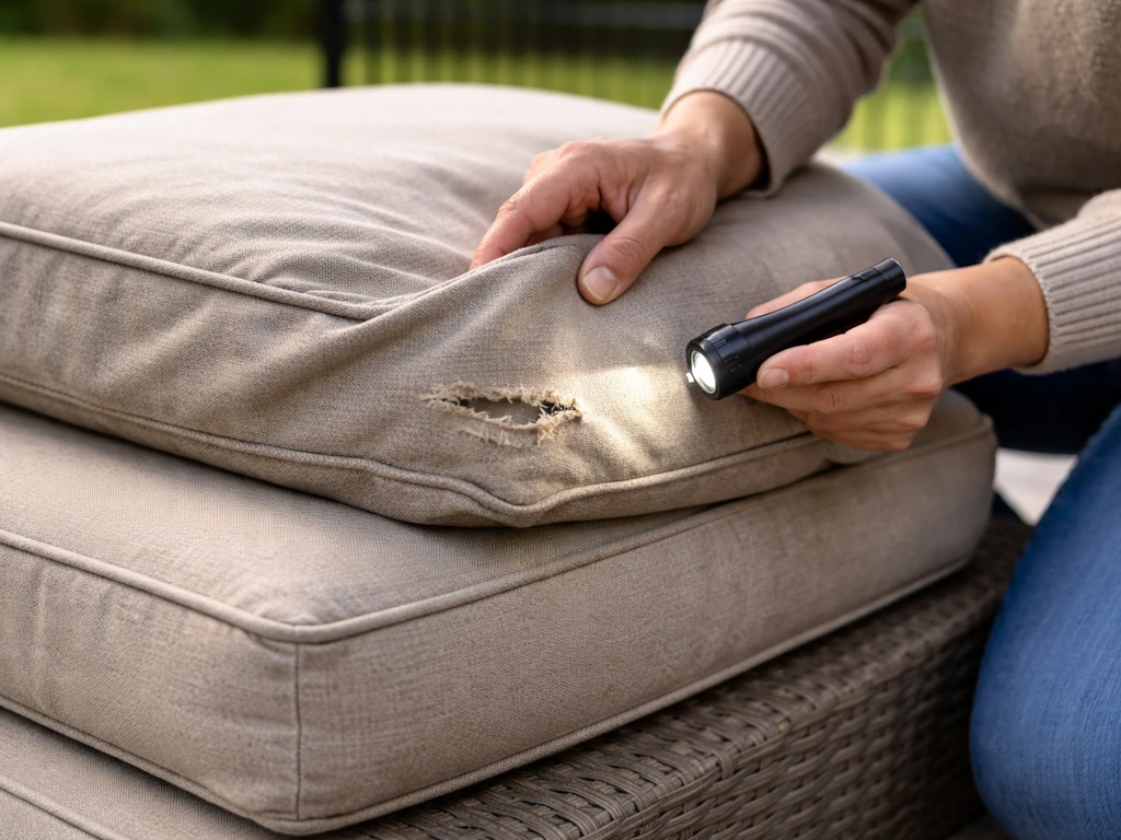 Person inspecting and pointing out tears on couch cushion covers outdoors in bright natural light.