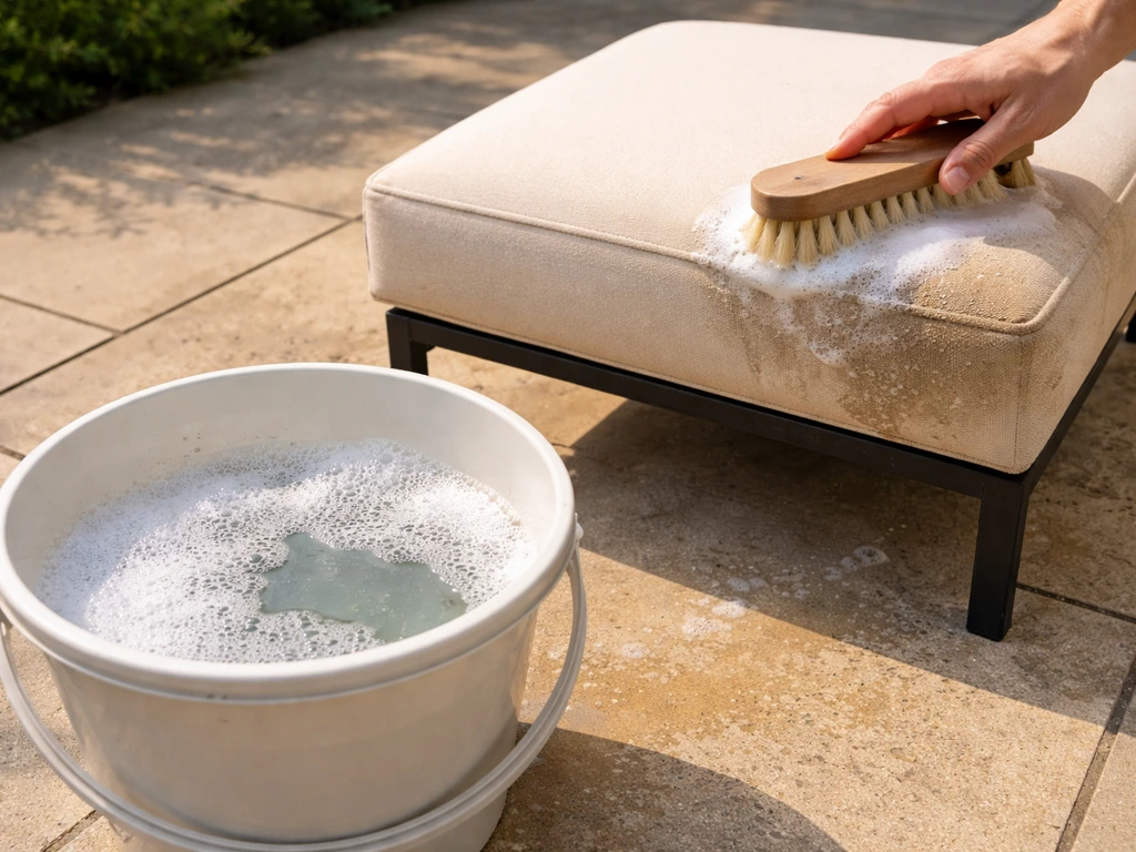 Soap-and-water bucket and a soft scrub brush cleaning a stained outdoor cushion corner to air-dry.