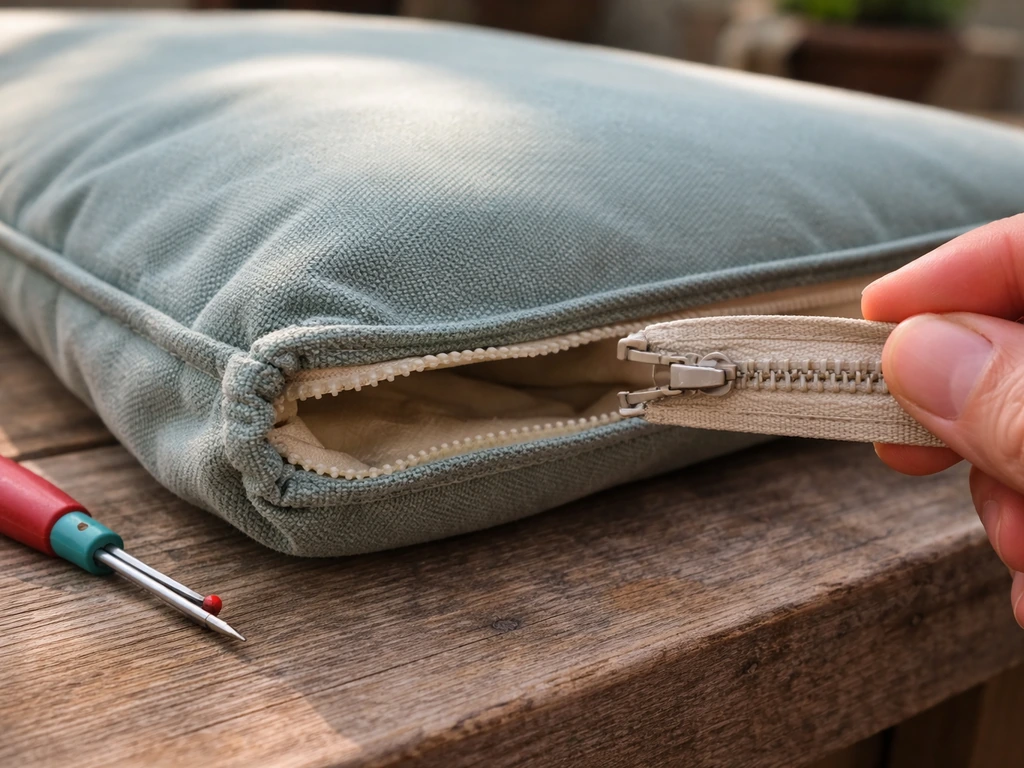 Close-up of a cushion cover seam opened with a seam ripper and a new outdoor zipper being aligned