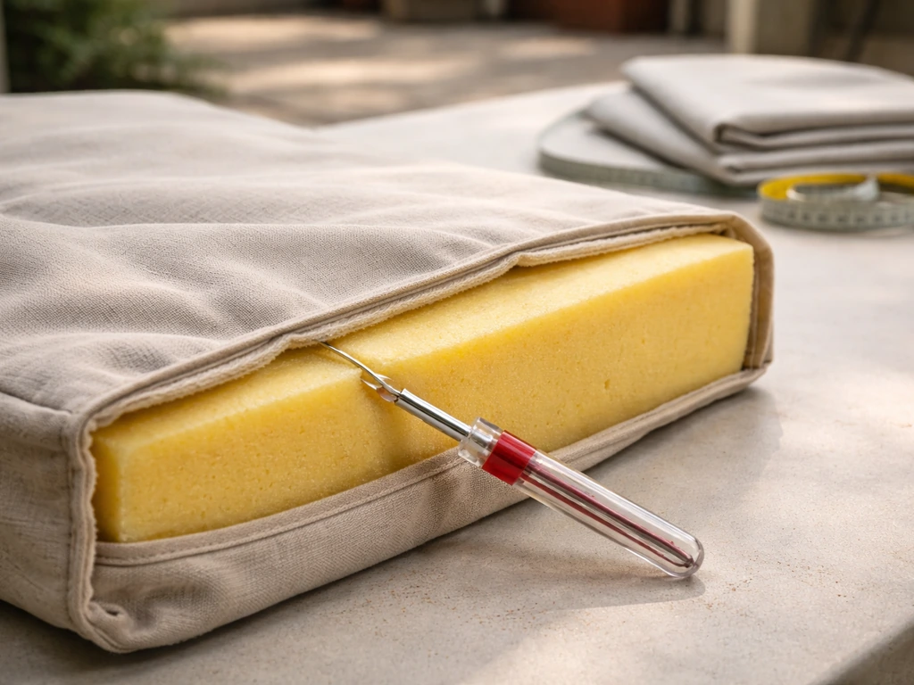 Patio cushion with foam exposed as the old cover is being removed; tools and fabric laid nearby.