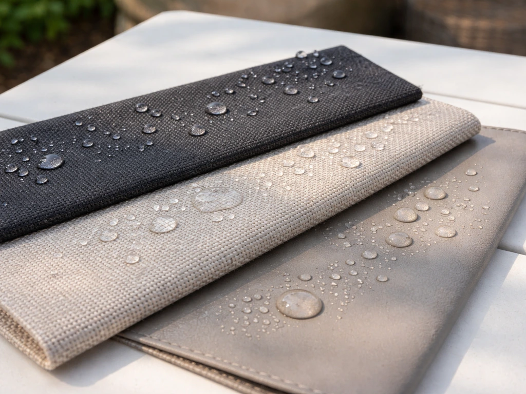 Close-up of outdoor fabric swatches laid on a patio table, showing water beading and subtle color fade.