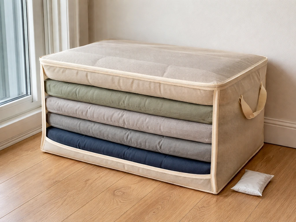 Sunlit outdoor cushions placed in breathable bins with a small moisture-control pack nearby