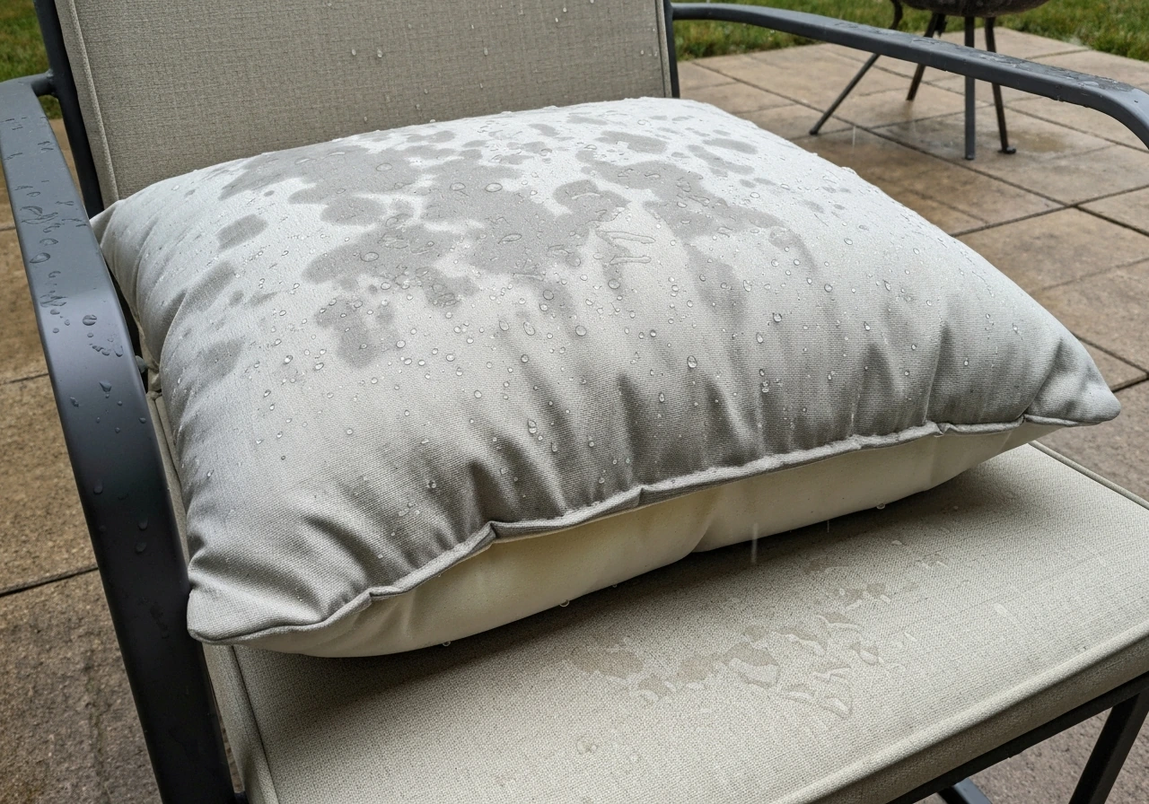 Close-up of a rain-damp patio seat pillow with visible moisture on the fabric and foam